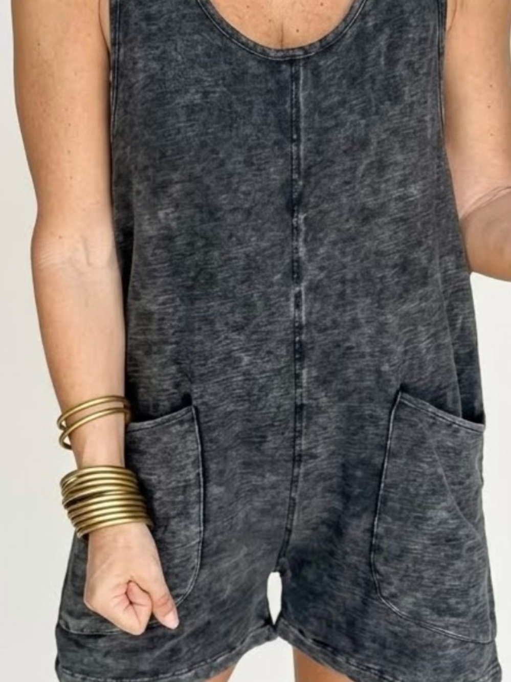 Mono B Washed Charcoal Sleeveless Romper with Front Pockets